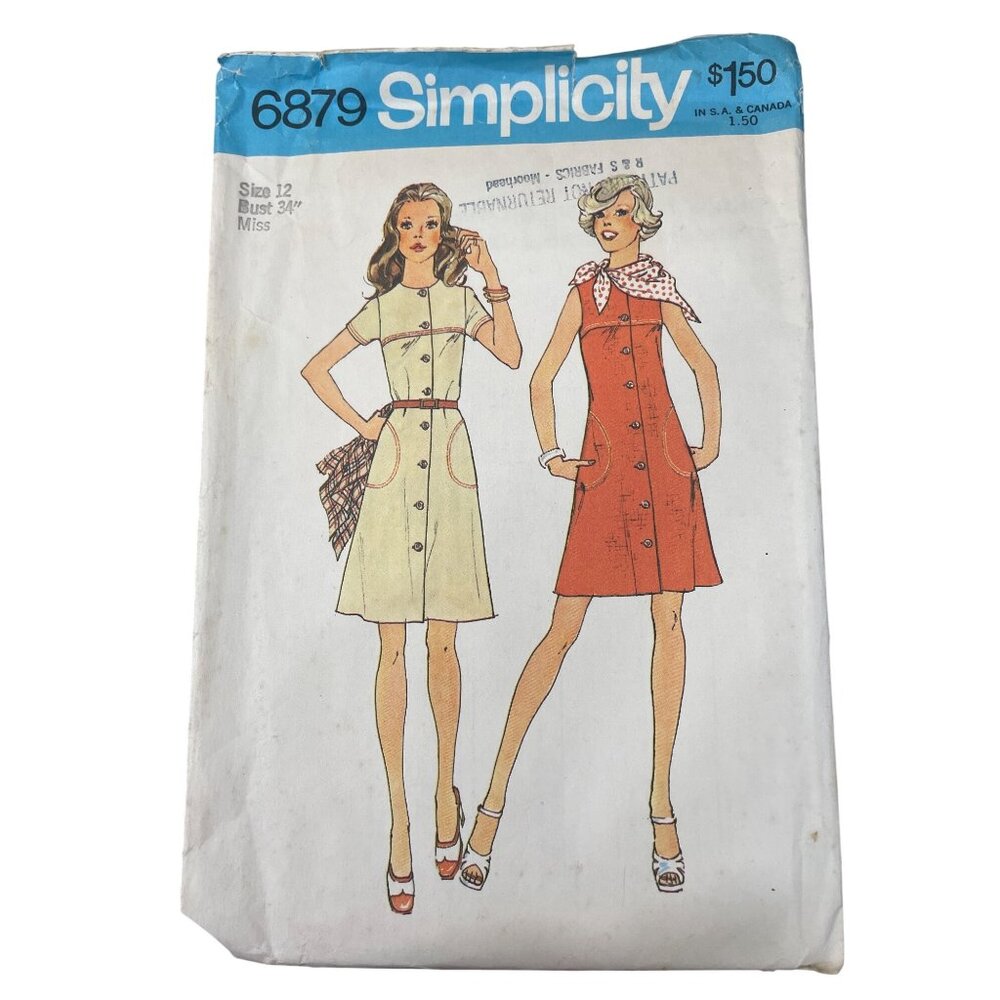 60s Simplicity Sewing Pattern Size 12 6879 Misses Dress Scarf Two Lengths UNCUT